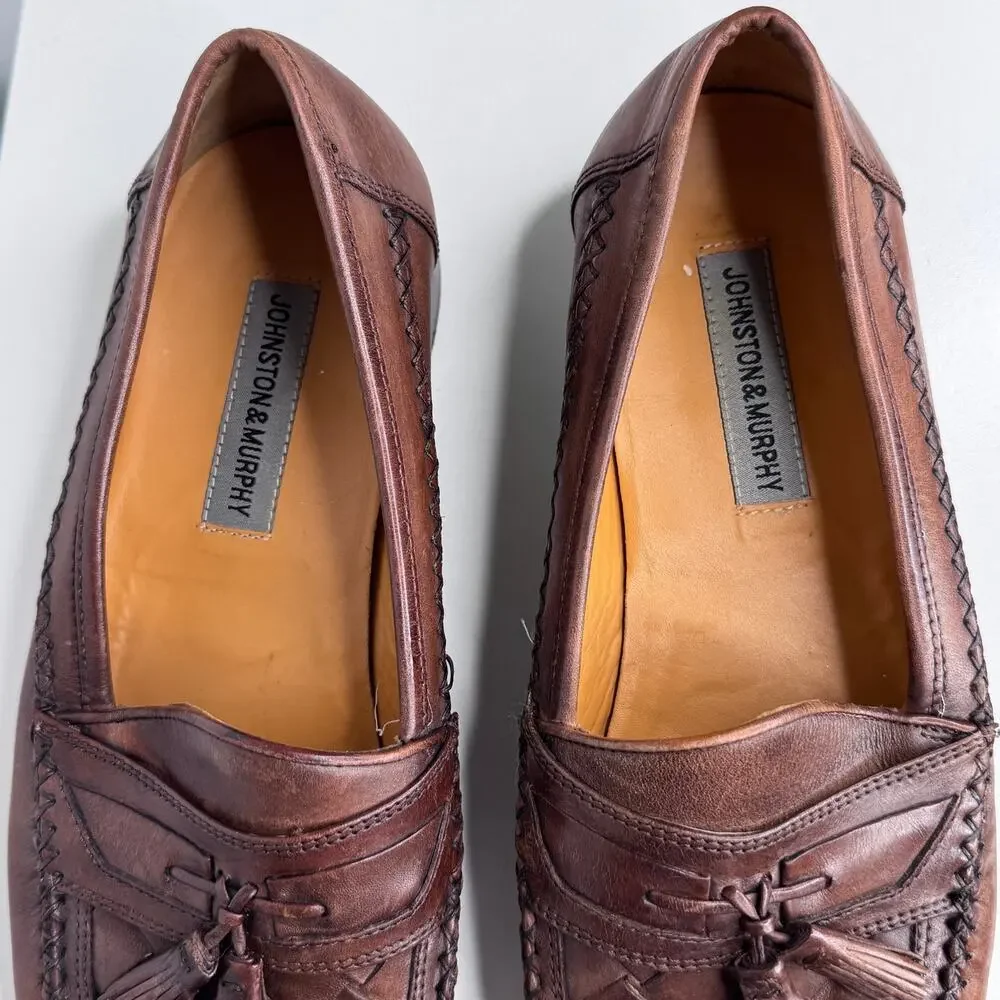 1990s Johnston & Murphy Brown Leather Preppy Woven Tassel Loafers Men’s 10.5M